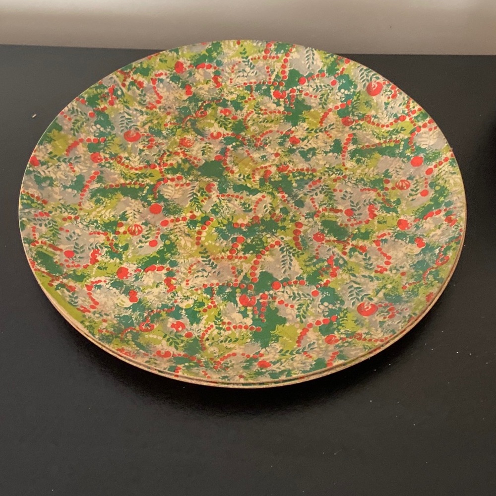 Large vintage MCM woven wood bowl platters in red and green 2 available